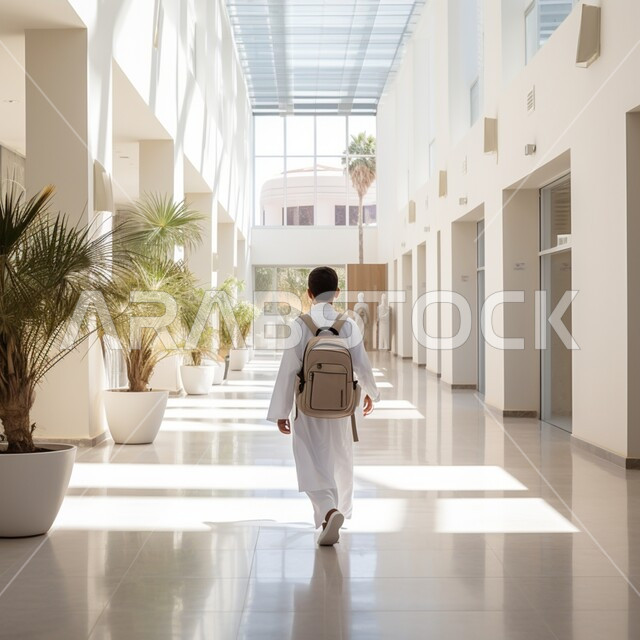 Modern advanced schools in Saudi Arabia, education in the Kingdom, a picture from the back of a Saudi Gulf Arab student wearing a traditional dress and carrying a school backpack walking in the school building corridor, walking gestures and heading to the classroom