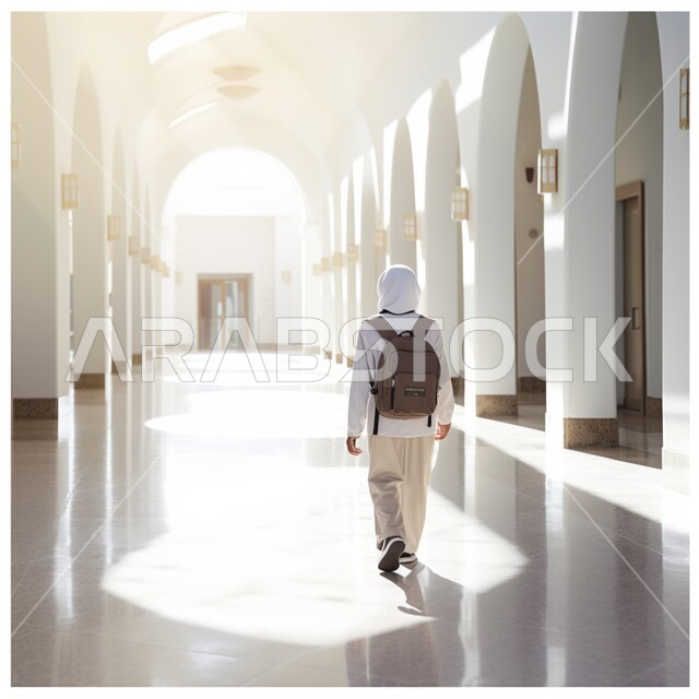ايماءات السير والتوجه الى الفصل الدراسي، مدارس متطوره حديثه في السعوديه، التعليم في المملكة، صورة من الخلف لطالب عربي خليجي سعودي يرتدي الثوب التقليدي ويحمل حقيبة الظهر المدرسية يمشي في ممر البناء بالمدرسة
