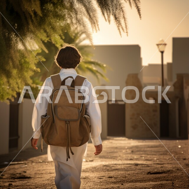 الجد والاجتهاد والنشاط الصباحي، صورة من الخلف لولد عربي خليجي سعودي يرتدي الثوب التقليدي والحقيبة المدرسية يقوم بالذهاب الى المدرسة، بدء الدوام الصباحي في مدارس المملكة العربية السعودية، الطرق والشوارع الاسفلتية المعبدة في المدن 