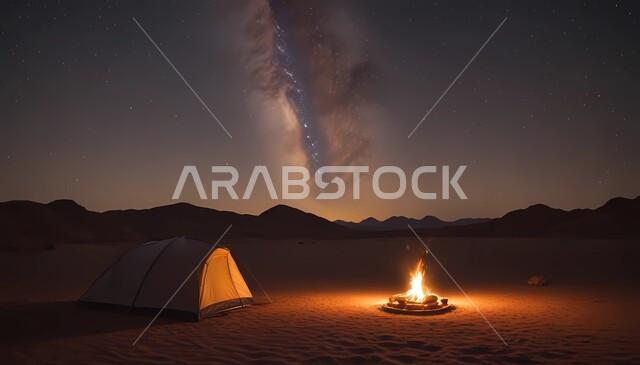 أجواء ليلية هادئة أمام شعلى الحطب, مخيمات سياحية في صحاري المملكة العربية السعودية, أماكن المغامرات والكشتات البرية, أجواء التخييم الشبابية الممتعه, خيام شعبية في المناطق الصحراوية, الطبيعة والرمال الذهبية الناعمة