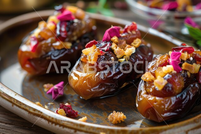 Types of delicious healthy dates, a plate full of moist sugary dates from the palm trees of the Kingdom of Saudi Arabia, a close-up photo of a plate of stuffed dates, healthy Ramadan hospitality, a meal with high nutritional value