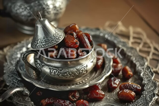 طبق من التمر المكنوز في وعاء بتصميم عصري حديث ، صحن مليء بالتمر السكري الرطب من نخيل المملكة العربية السعودية ,  وجبة ذات قيمة غذائية عالية، ضيافة رمضانية صحية ، أنواع من التمور  الصحية اللذيذة 