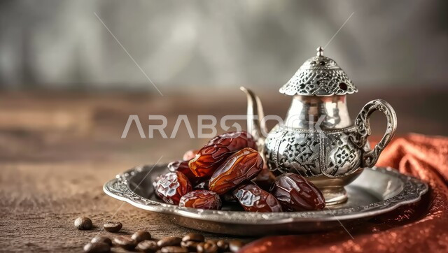 صحن مليء بالتمر السكري الرطب من نخيل المملكة العربية السعودية ,  طبق من التمر المكنوز بجانبه ابريق شاي بتصميم عصري حديث ، وجبة ذات قيمة غذائية عالية، ضيافة رمضانية صحية ، أنواع من التمور  الصحية اللذيذة
