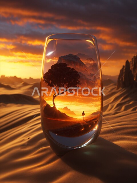 A three-dimensional view of a tree in the middle of the desert nature inside a transparent glass cup, sand formations and formations in the wild areas, terrain in the mountain peaks and heights, places for tourist trips and adventures in the Saudi deserts