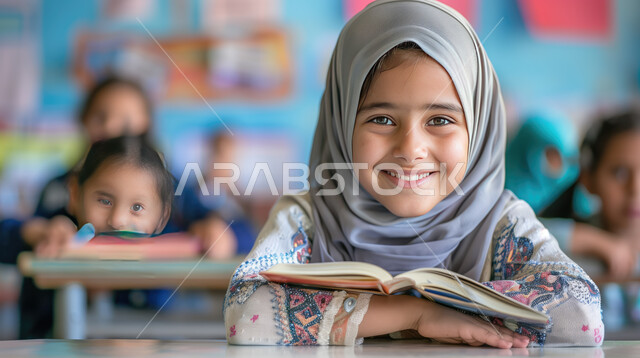 Education and teaching according to the curricula prescribed for students in the Kingdom of Saudi Arabia, interaction and participation within the classroom, a veiled Saudi Gulf Arab student sitting and holding a book in her hand, looking at the camera with gestures of joy and happiness for the return of schools
