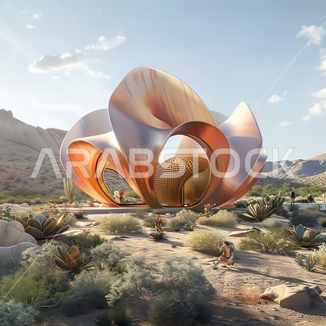 مجسم ثلاثي الأبعاد وسط الصحراء، نمو النباتات الخضراء والأعشاب البرية في الأراضي الصحراوية، البراري في المملكة العربية السعودية، المناظر الطبيعية في المناطق النائية والقمم الصخرية والتضاريس 