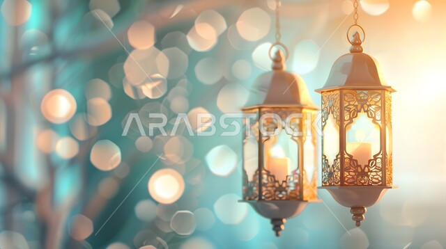 المناسبات والأعياد الدينية، خلفية رمضانية ثلاثية الأبعاد ، الفن الهندسي للتحف والاكسسوارات الاسلامية، قدوم شهر الخير والبركة، فوانيس عربية تقليدية معدنية مزخرفة مضيئة، استقبال رمضان المبارك بالأجواء الروحانية