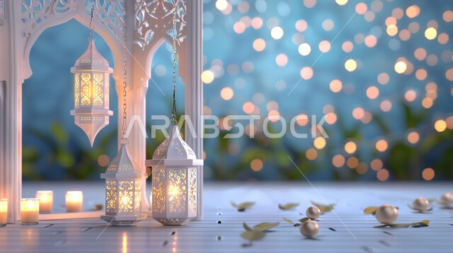 Traditional Arabic metal decorative lanterns, illuminated, the advent of the month of goodness and blessings, religious occasions and holidays, a three-dimensional Ramadan background, the geometric art of Islamic antiques and accessories, welcoming the blessed Ramadan in a spiritual atmosphere