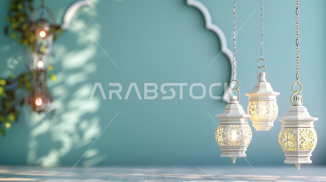 قدوم شهر الخير والبركة، المناسبات والأعياد الدينية، خلفية رمضانية ثلاثية الأبعاد ، الفن الهندسي للتحف والاكسسوارات الاسلامية، فوانيس عربية تقليدية معدنية مزخرفة مضيئة، استقبال رمضان المبارك بالأجواء الروحانية