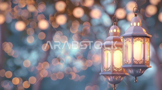 Geometric art for Islamic antiques and accessories, religious holidays and occasions, the advent of the month of goodness and blessings, traditional Arabic metal decorative lanterns, illuminated, welcoming the blessed Ramadan with a spiritual atmosphere, a 3D Ramadan background