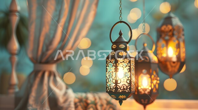 الأعياد والمناسبات الدينية، قدوم شهر الخير والبركة، فوانيس عربية تقليدية معدنية مزخرفة مضيئة، الفن الهندسي للتحف والاكسسوارات الاسلامية، استقبال رمضان المبارك بالأجواء الروحانية، خلفية رمضانية ثلاثية الأبعاد 