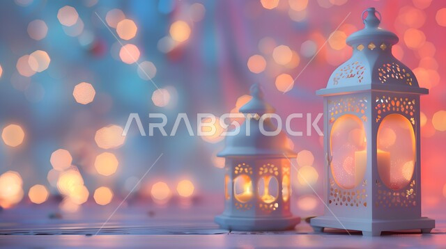 الاحتفال بالأعياد والمناسبات الدينية، الأجواء الروحانية بقدوم شهر رمضان المبارك، فوانيس عربية تقليدية معدنية مزخرفة مضيئة، تحف وديكورات وأنوار اسلامية، الاستعداد لاستقبال شهر الخير، خلفية رمضانية ثلاثية الأبعاد 