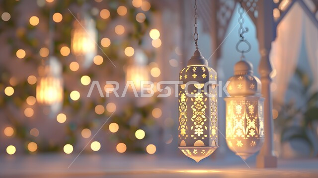 الأجواء الروحانية بقدوم شهر رمضان المبارك، فوانيس عربية تقليدية معدنية مزخرفة مضيئة، تحف وديكورات وأنوار اسلامية، الاستعداد لاستقبال شهر الخير، الاحتفال بالأعياد والمناسبات الدينية، خلفية رمضانية ثلاثية الأبعاد 