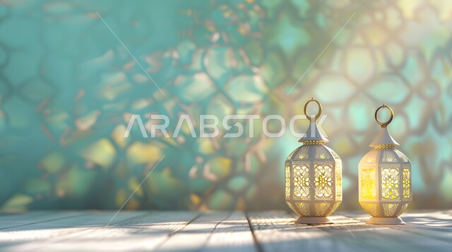 Traditional Arabic metal decorative lanterns, Islamic antiques, decorations and lights, preparing to welcome the month of goodness, the spiritual atmosphere of the advent of the holy month of Ramadan, celebrating holidays and religious occasions, a 3D Ramadan background