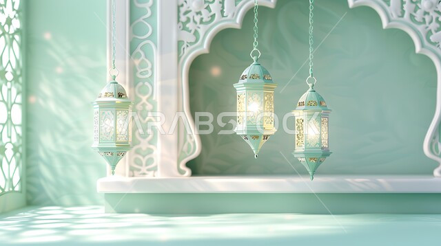 تحف وديكورات وأنوار اسلامية، الاستعداد لاستقبال شهر الخير، فوانيس عربية تقليدية معدنية مزخرفة مضيئة، الأجواء الروحانية بقدوم شهر رمضان المبارك، الاحتفال بالأعياد والمناسبات الدينية، خلفية رمضانية ثلاثية الأبعاد 