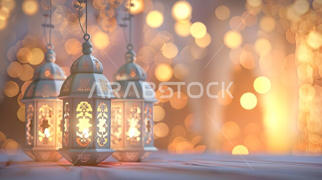 ديكورات وتحف وأنوار اسلامية، الاستعداد لاستقبال شهر الخير، فوانيس عربية تقليدية معدنية مزخرفة مضيئة، الأجواء الروحانية بقدوم شهر رمضان المبارك، الاحتفال بالأعياد والمناسبات الدينية، خلفية رمضانية ثلاثية الأبعاد