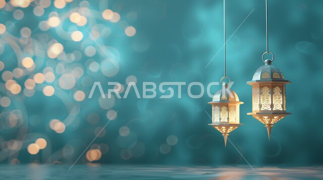 الاستعداد لاستقبال شهر الخير، ديكورات وتحف وأنوار اسلامية، فوانيس عربية تقليدية معدنية مزخرفة مضيئة، الأجواء الروحانية بقدوم شهر رمضان المبارك، الاحتفال بالأعياد والمناسبات الدينية، خلفية رمضانية ثلاثية الأبعاد 