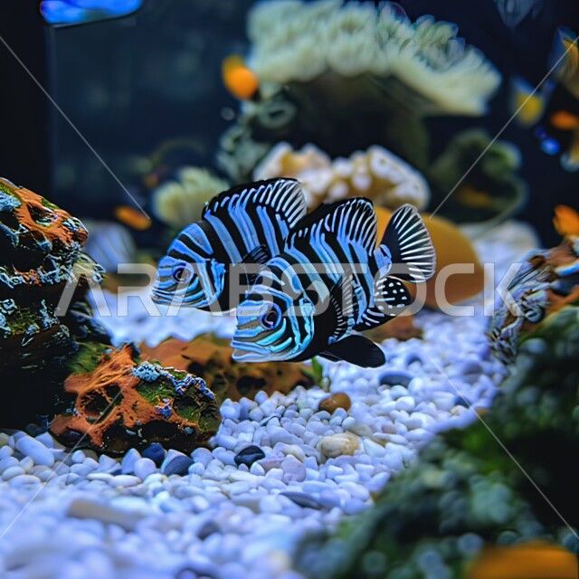 الثروة السمكية والنباتات المائية في المملكة العربية السعودية، ملائكية المياه العذبة، صورة مقربة لسمكتين من نوع السمكة الملاكيه المخططة بالاسود والأبيض، الشعب المرجانية الملونة في اعماق البحار، محمية طبيعية بحرية