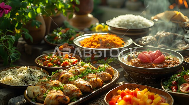Iftar for the fasting person in the blessed Ramadan, the decorations and lights of the holy month, a close-up photo of the Ramadan dinner filled with varieties of oriental food and delicious Arabic appetizers, the happy Eid feast
