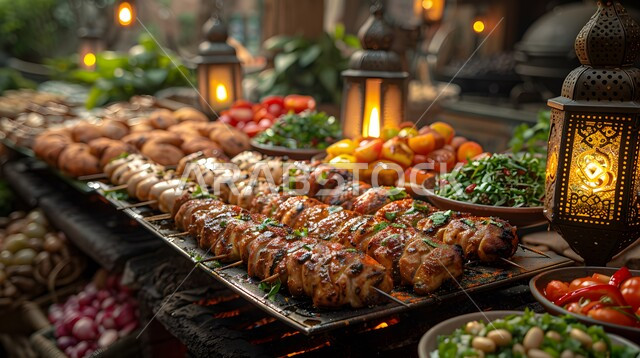 Decorating tables with lanterns to celebrate the coming of the month of goodness, a happy Eid feast, a close-up of a Ramadan dinner filled with varieties of oriental food and delicious Arabic appetizers, iftar for the fasting person in the blessed Ramadan