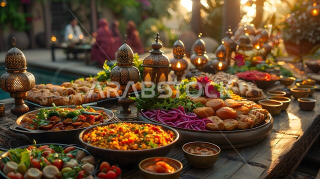 A happy Eid feast, a Ramadan dinner full of oriental dishes and delicious Arabic appetizers, decorating tables with lanterns to celebrate the coming of the month of goodness, breaking the fast in the blessed month of Ramadan.