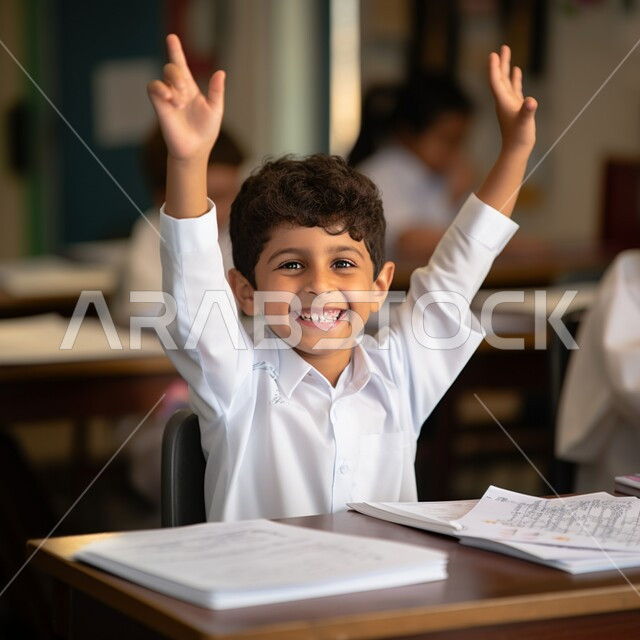 Expressions and gestures of enthusiasm to know the correct answer, interaction and participation within the classroom, a smiling Saudi Arabian Gulf student wearing a traditional dress raising his hands to answer, education in the curricula prescribed for students in the Kingdom of Saudi Arabia