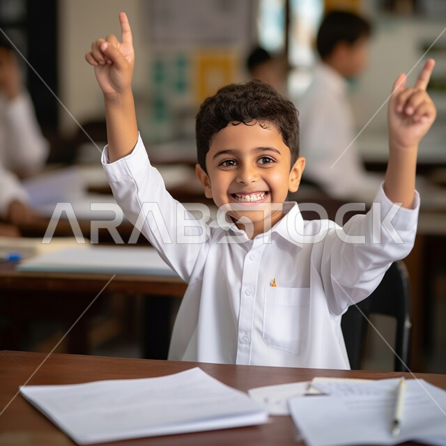 المشاركة والتفاعل داخل الفصل الدراسي، طالب عربي خليجي سعودي مبتسم يرتدي الثوب التقليدي يرفع يديه للإجابة، التربية والتعليم بالمناهج المقررة للطلاب في المملكة العربية السعودية، تعابير وايماءات الحماس لمعرفة الجواب الصحيح 