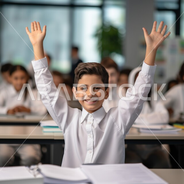 التفاعل والمشاركة داخل الفصل الدراسي، طالب عربي خليجي سعودي مبتسم يرتدي الثوب التقليدي يرفع يديه للإجابة، التربية والتعليم بالمناهج المقررة للطلاب في المملكة العربية السعودية، تعابير وايماءات الحماس لمعرفة الجواب الصحيح 