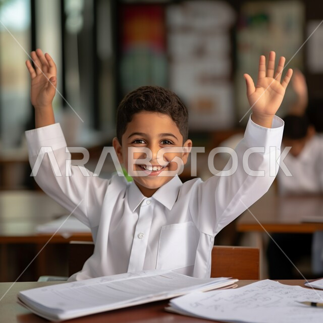 Expressions and gestures of enthusiasm to know the correct answer, interaction and participation within the classroom, a smiling Saudi Arabian Gulf student wearing a traditional dress raising his hands to answer, education in the curricula prescribed for students in the Kingdom of Saudi Arabia