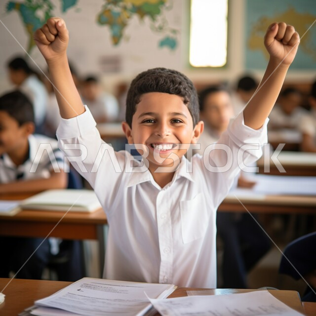 التفاعل والمشاركة داخل الفصل الدراسي، طالب عربي خليجي سعودي مبتسم يرتدي الثوب التقليدي يرفع يديه للإجابة، التربية والتعليم بالمناهج المقررة للطلاب في المملكة العربية السعودية، تعابير وايماءات الحماس لمعرفة الجواب الصحيح 
