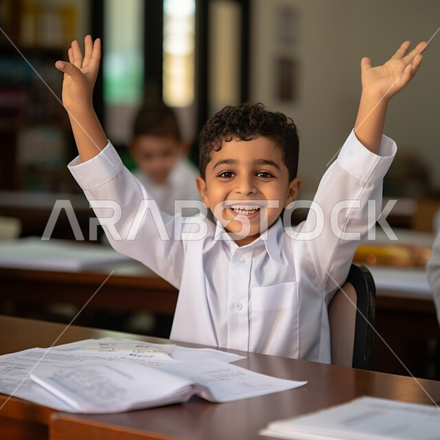 Expressions and gestures of enthusiasm to know the correct answer, interaction and participation within the classroom, a smiling Saudi Arabian Gulf student wearing a traditional dress raising his hands to answer, education in the curricula prescribed for students in the Kingdom of Saudi Arabia