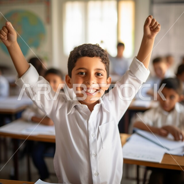 التفاعل والمشاركة داخل الفصل الدراسي، طالب عربي خليجي سعودي مبتسم يرتدي الثوب التقليدي يرفع يديه للإجابة، التربية والتعليم بالمناهج المقررة للطلاب في المملكة العربية السعودية، تعابير وايماءات الحماس لمعرفة الجواب الصحيح 