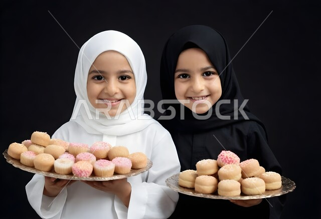 الاهتمام بالمظهر الخارجي، إيماءات السرور والسعادة، بورتريه مقرب لطفلتان عربيتان خليجيتان سعوديتان مبتسمتان محجبتان ترتديان الزي التقليدي تحملان أطباق من الحلوى، تقديم الحلويات في العيد، الاحتفال بالاعياد والمناسبات الدينية، مفهوم الطفولة والبراءة، خلفية سوداء