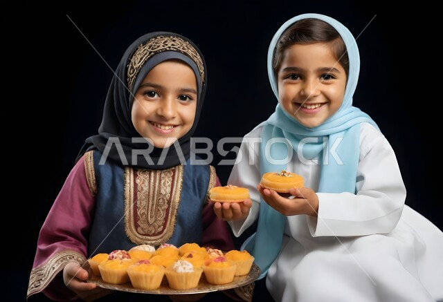 النظر إلى الكاميرا بإيماءات السعادة، بورتريه لطفلتان عربيتان خليجيتان سعوديتان مبتسمتان محجبتان ترتديان الزي التقليدي تحملان أطباق من الحلوى، طبق من حلويات العيد، الاحتفال بالاعياد والمناسبات الدينية، مفهوم الطفولة والبراءة، الاهتمام بالمظهر الخارجي، خلفية سوداء