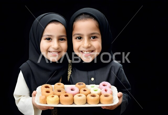 الاهتمام بالمظهر الخارجي، إيماءات السرور والسعادة، بورتريه مقرب لطفلتان عربيتان خليجيتان سعوديتان مبتسمتان محجبتان ترتديان الزي التقليدي تحملان طبق من الحلوى، تقديم الحلويات في العيد، الاحتفال بالاعياد والمناسبات الدينية، مفهوم الطفولة والبراءة، خلفية سوداء