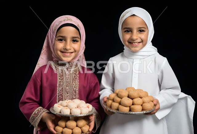النظر إلى الكاميرا بإيماءات السعادة، بورتريه لطفلتان عربيتان خليجيتان سعوديتان مبتسمتان محجبتان ترتديان الزي التقليدي تحملان أطباق من الحلوى، طبق من حلويات العيد، الاحتفال بالاعياد والمناسبات الدينية، مفهوم الطفولة والبراءة، الاهتمام بالمظهر الخارجي، خلفية سوداء