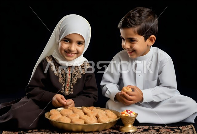 الاحتفال بالاعياد والمناسبات الدينية، مفهوم الطفولة والبراءة، الاهتمام بالمظهر الخارجي، إيماءات السرور والسعادة، بورتريه لأطفال عرب خليجيين سعوديين مبتسمين يرتدون الزي التقليدي يقومون بتناول الحلوى، تقديم الحلويات في العيد، خلفية سوداء