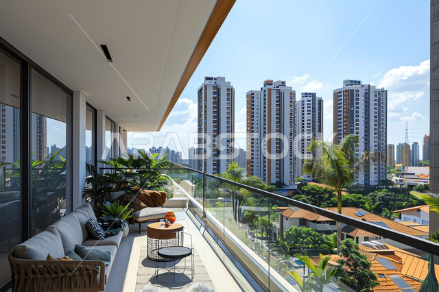 اريكة مريحة في شرفة منزل مطلة على المدينة، الاهتمام بزراعة ورعاية النبات المنزلي، منظر الابراج وناطحات السحاب، ديكورات داخلية أنيقة، شقق وفلل سكنية فاخرة في المملكة العربية السعودية