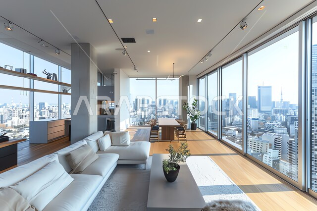 ديكور داخلي أنيق لشقة سكنية مطلة على المدينة، النوافذ والواجهات الزجاجية، الشقق والفلل لسكنية الفاخرة، أثاث منزلي راقي مع اريكة مريح، منظر الأبراج و ناطحات السحاب، تحف وديكورات بسيطة
