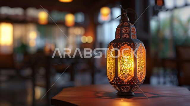 فانوس مضاء على طاولة خشبية، مصباح عربي تقليدي معدني، تحف وزينة وديكورات رمضان، الإحتفال بقدوم شهر الخير، اجواء رمضانية روحانية
