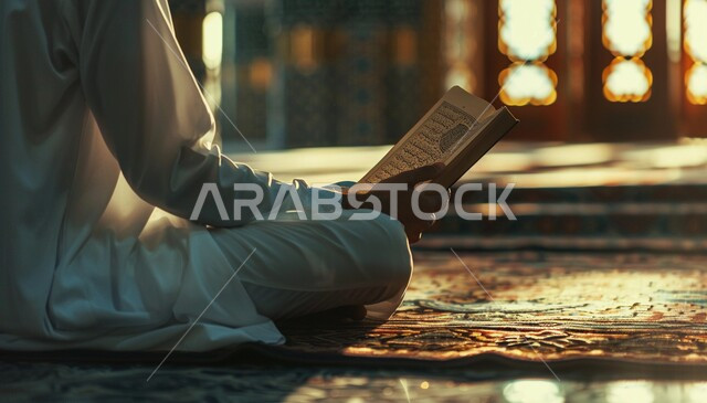Worship and closeness to God, the architectural art of mosques, recitation and chanting of the Book of God, a spiritual religious atmosphere, a close-up picture from the side of a Saudi Gulf Arab man wearing a traditional dress sitting inside a mosque reading the Qur’an
