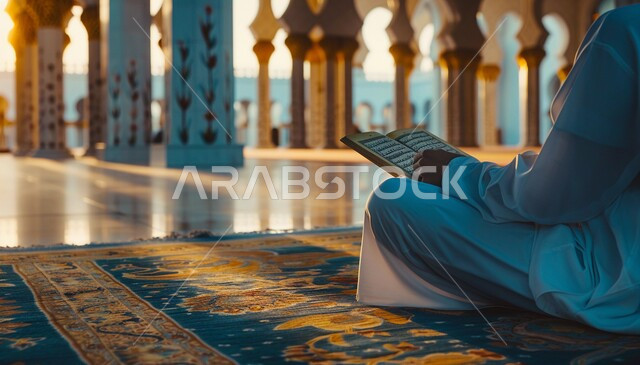 تلاوة وترتيل كتاب الله، أجواء دينية روحانية، العبادة والتقرب إلى الله، صورة مقربة من الجانب لرجل عربي خليجي سعودي يرتدي الثوب التقليدي يجلس بداخل مسجد يقوم بقراءة القرآن، الفن الهندسي المعماري للمساجد