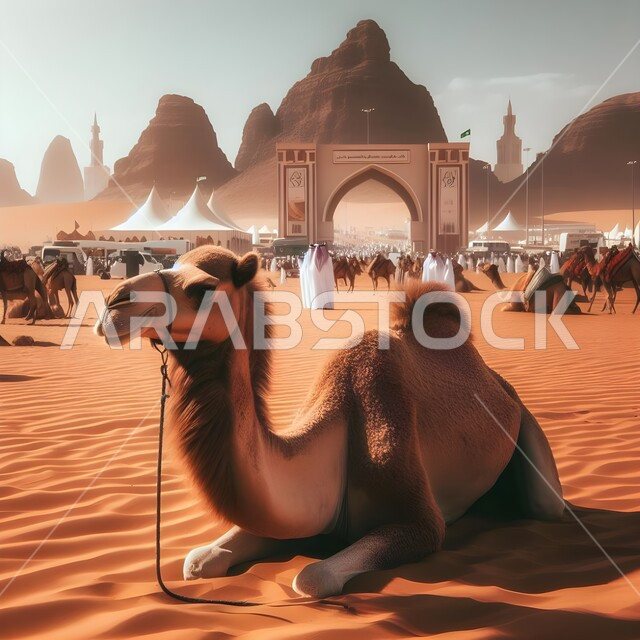 الكثبان والرمال الذهبية الناعمة، تربية الناقة العربية في البادية، تربية المواشي في المحميات الطبيعيه, حيوان الجمل في المناطق الصحراوية في المملكة، استخدام الحيوانات للتنقل والترحال من مكان الى اخر في البادية، خلفية مسجد اسلامي