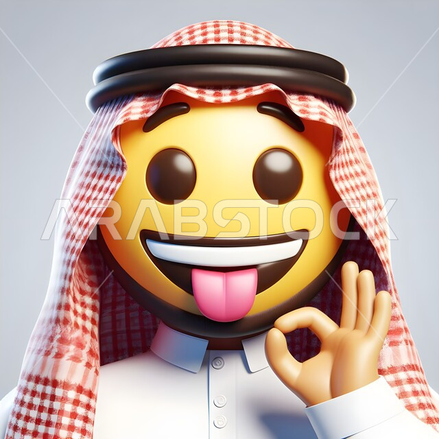 رسم ثلاثي الأبعاد لرجل عربي خليجي سعودي يرتدي الثوب والشماغ التقليدي يضع وجه سمايل أصفر مبتسم، إيموشن وجه سعيد، رموز المشاعر والتعبيرات، ايماءات الجودة والامتياز، خلفية بيضاء