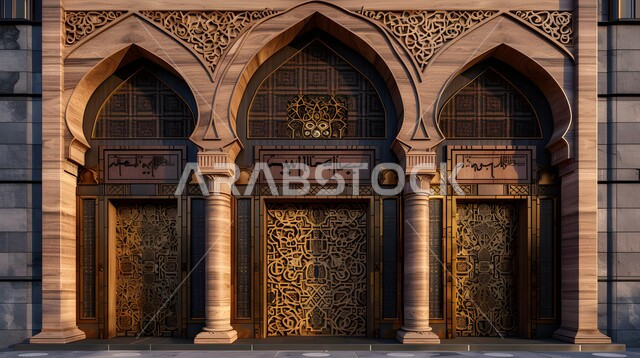 صورة مقربة لبوابة خشبية محفرة لمسجد، الفن الهندسي المعماري للمساجد في المملكة العربية السعودية، تصاميم وديكورات دينية مزخرفة، العبادة والتقرب إلى الله