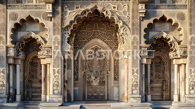 تصاميم وديكورات دينية مزخرفة، الفن الهندسي المعماري للمساجد في المملكة العربية السعودية، صورة مقربة لبوابة خشبية محفرة لمسجد، العبادة والتقرب إلى الله