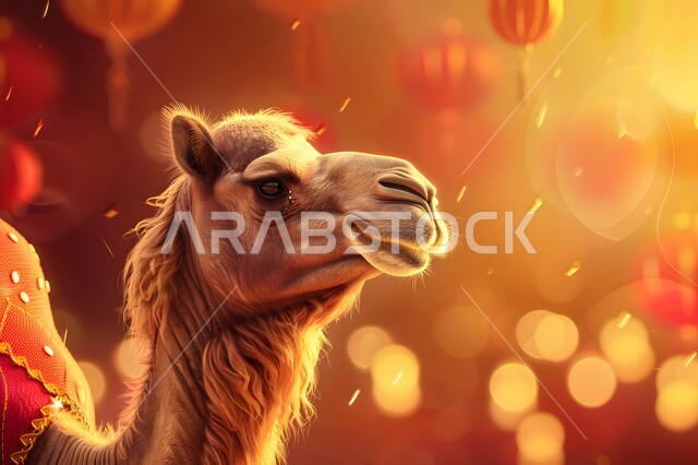 أضحية وقربان عيد الاضحى المبارك، الأعياد والمناسبات الدينيه الإسلاميه ,خلفيه الزينة والديكورات والفوانيس المضاءة، رسوم ثلاثية الابعاد لوجه حيوان الجمل، رسم ثري دي لحيوان الابل الثدي