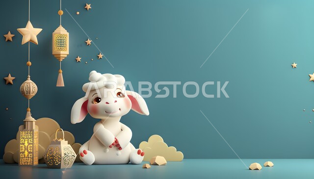 قربان و أضحية عيد الاضحى المبارك، مجسم ثلاثي الابعاد لحيوان الخاروف الابيض بجانب الفوانيس والزينة، رسوم ثري دي لحيوان الغنم الثدي الاليف،الأعياد والمناسبات الدينيه الإسلاميه، خلفية زرقاء