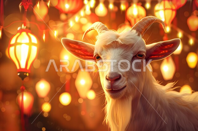  الأعياد والمناسبات الدينيه الإسلاميه, خلفيه الزينة والديكورات والفوانيس المضاءة، رسوم ثلاثية الابعاد لوجه حيوان الخاروف، رسم ثري دي لحيوان الماعز الثدي، أضحية وقربان عيد الاضحى المبارك