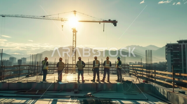 الرافعات والعوارض الفولاذية، مبنى قيد الانشاء، العمل في موقع البناء، مجموعة من العمال العرب الخليجيين السعوديين يرتدون سترة وخوذة الحماية يقفون على السطح، مهن ووظائف هندسية